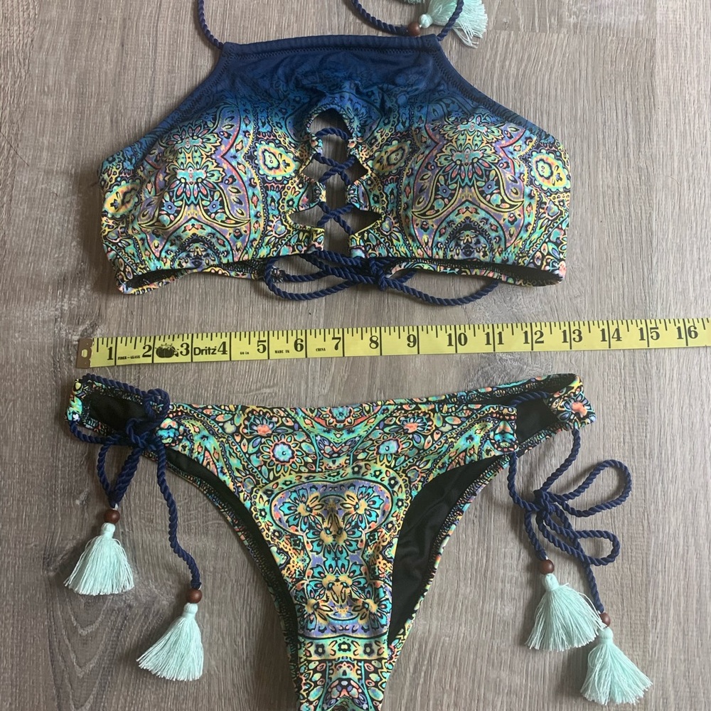 Halter bikini with tassels blue ombré